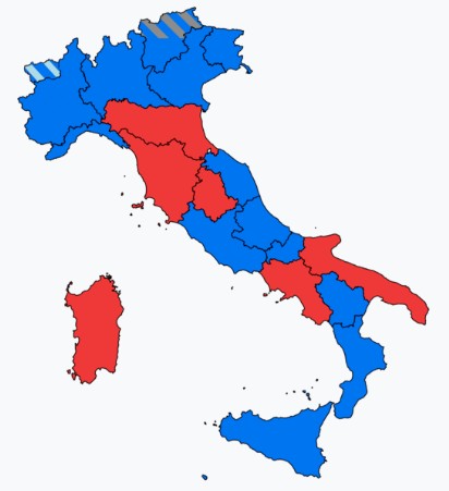 Mappa regioni: blu CDX, rosso CSX, strisce altro